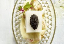 Zeekat, boontjes, kaviaar en aardappel-vanille