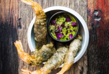 Nobashigarnalen in tempura met dip van dulse